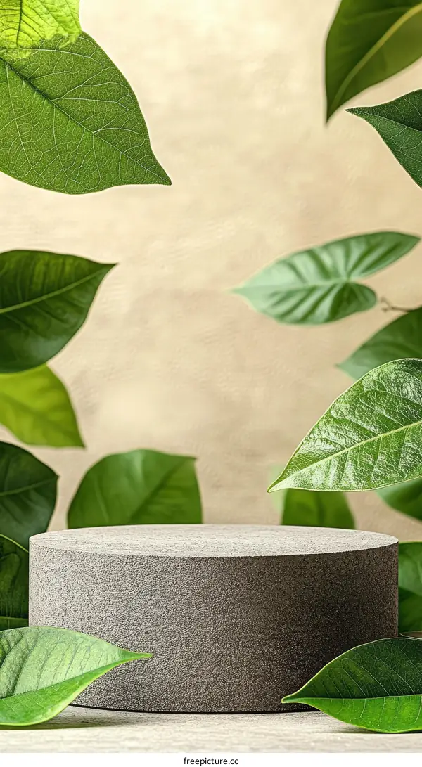 Elegant Gray Cylinder Display Stand Surrounded by Fresh Greenery