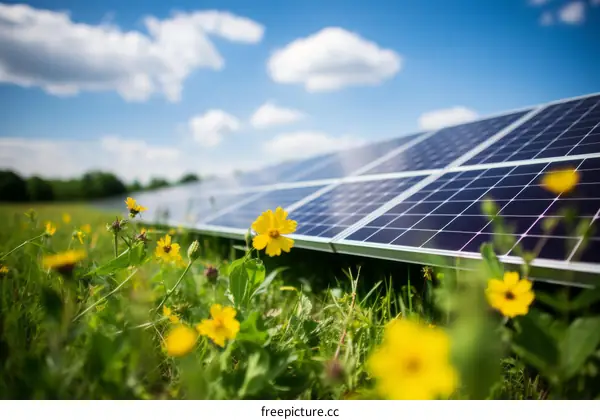 Yellow Wildflowers Blooming in Front of a Large Solar Panel Field
