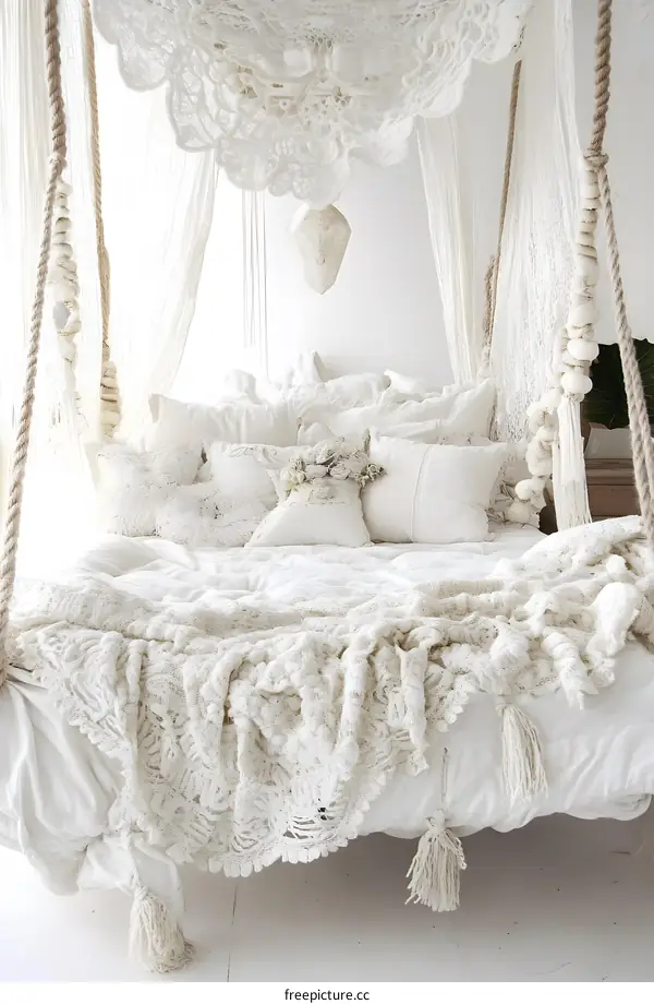White Bohemian Bedroom with Canopy Bed and Lace Throw Blanket
