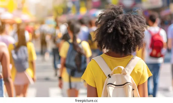 Back of Woman with Backpack Walking in Crowd
