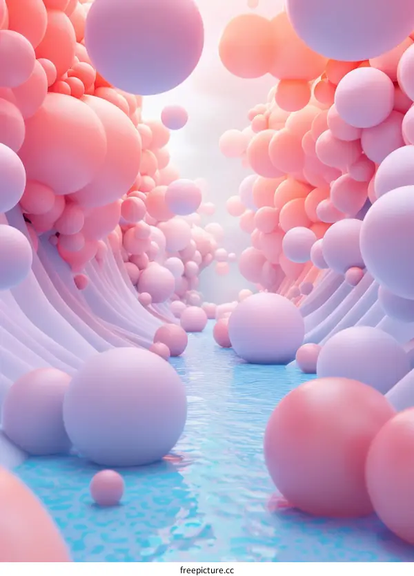 Pink and Purple Spheres Float in Blue Fluid
