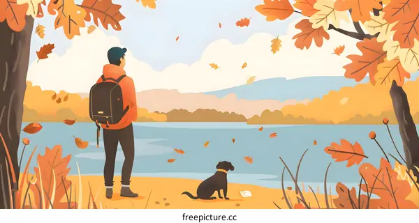Man With Dog Enjoying Fall Landscape