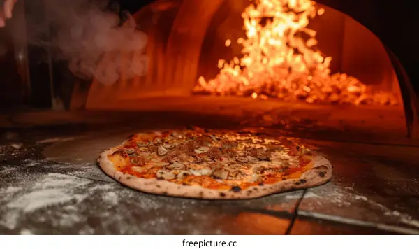 A delicious pizza cooking in a hot oven