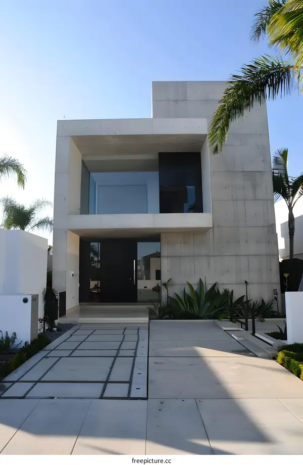 Modern Concrete House with Palm Trees and Front Yard