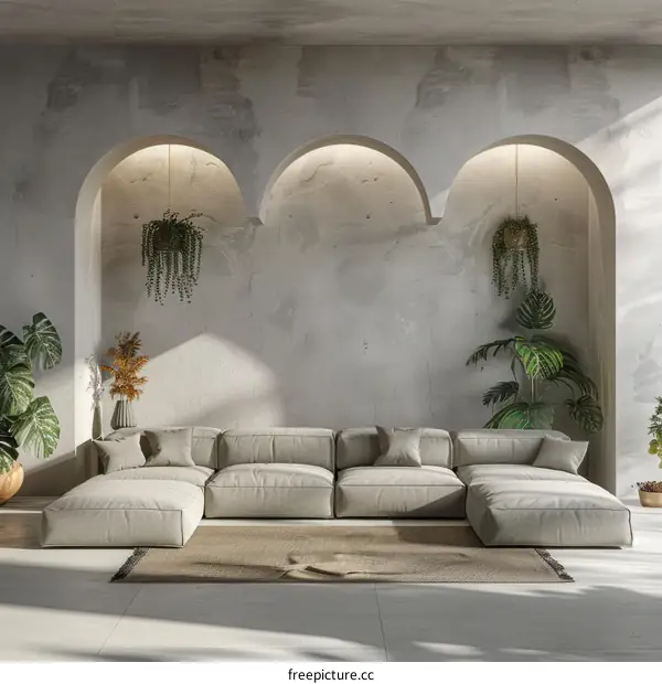 Modern minimalist interior design living room with curved walls and large windows