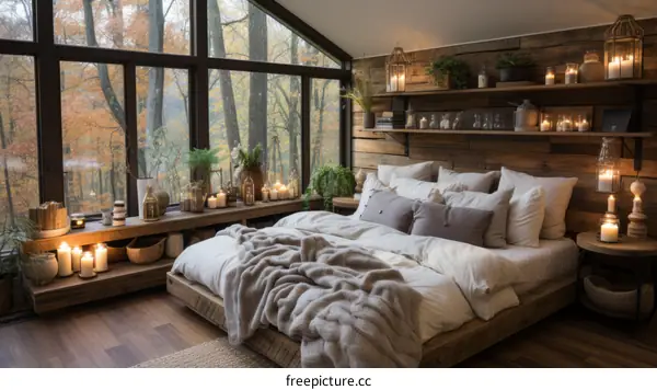 A cozy bedroom with a view of the fall foliage