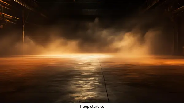 Empty Warehouse with Bright Lights and Fog