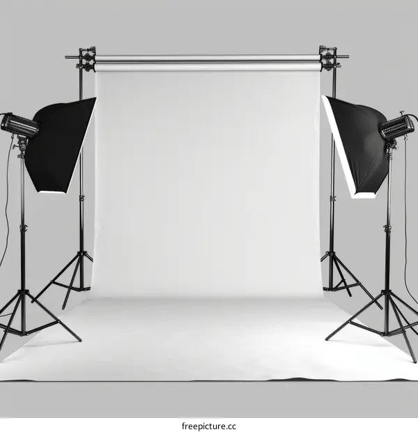 An empty photo studio with white background paper and lighting equipment