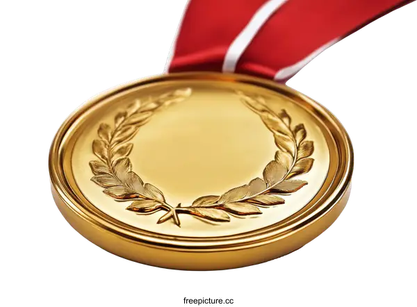[Transparent Background PNG]Golden Medal with Red Ribbon Achievement Award