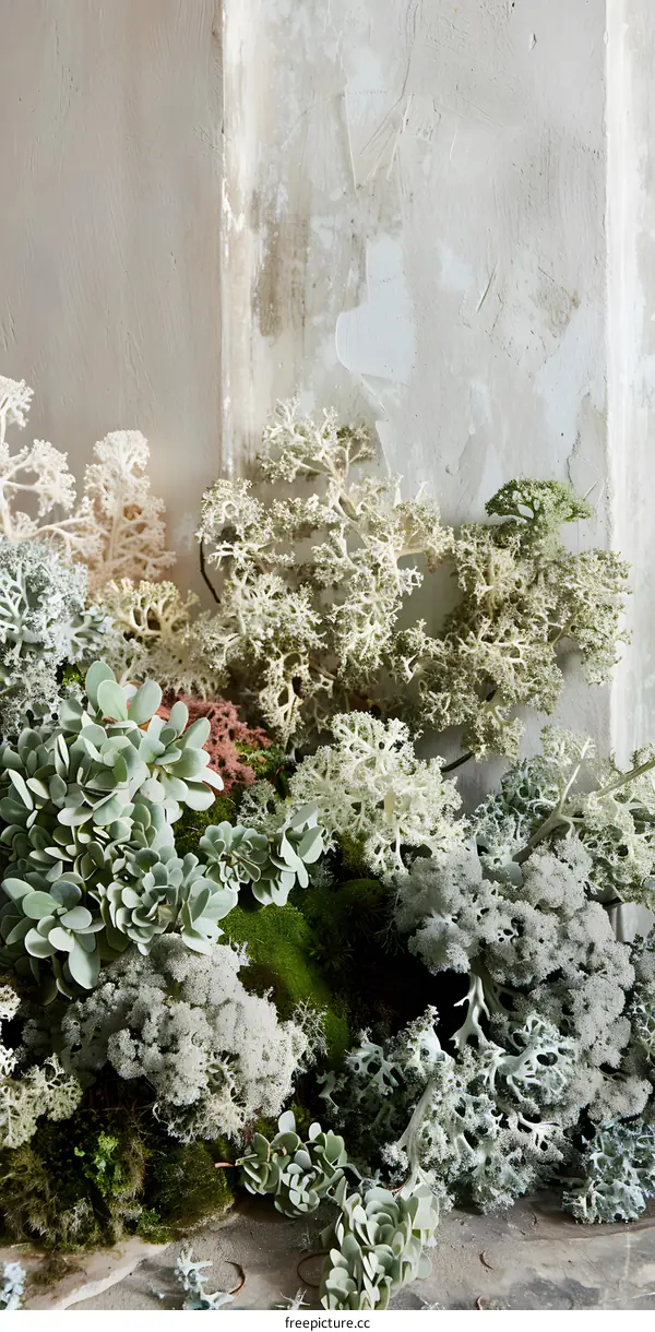 Close Up Green Moss and Lichens on Wall