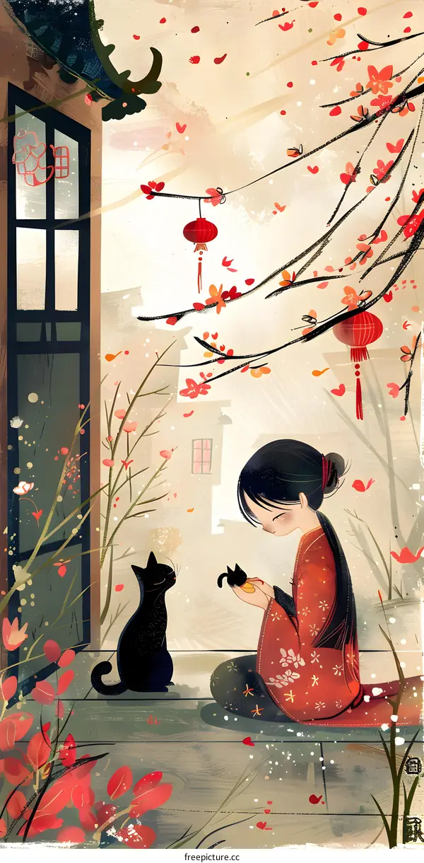 Girl with Black Cat in a Red Kimono with Cherry Blossoms
