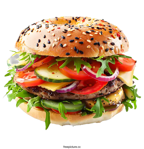 [Transparent Background PNG]Delicious Homemade Beef Burger with Fresh Vegetables
