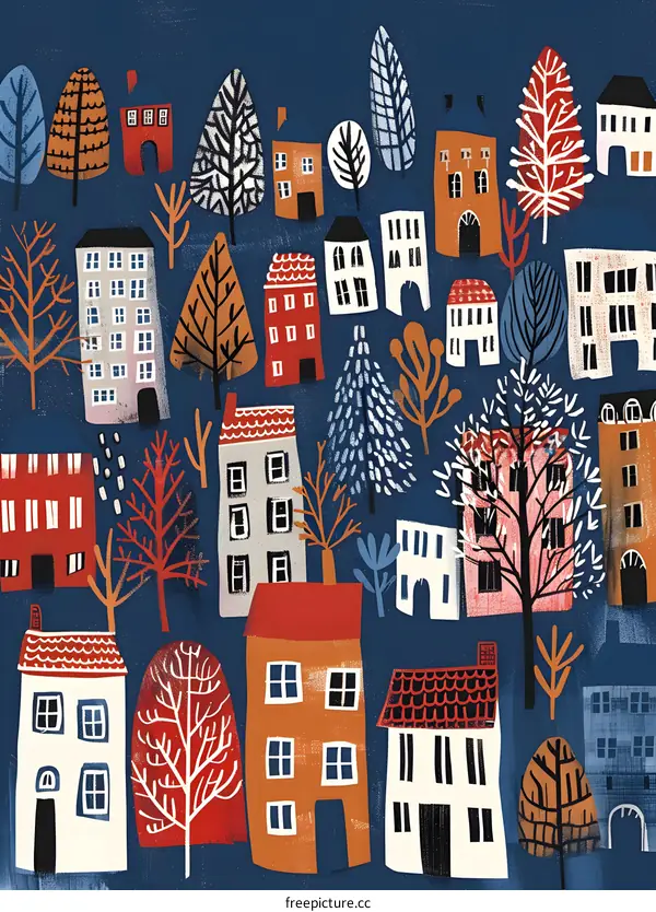 Colorful Illustration of a Small Town with Houses and Trees