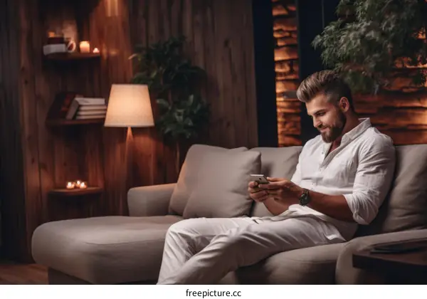 Bearded man in white outfit sitting on couch and using phone