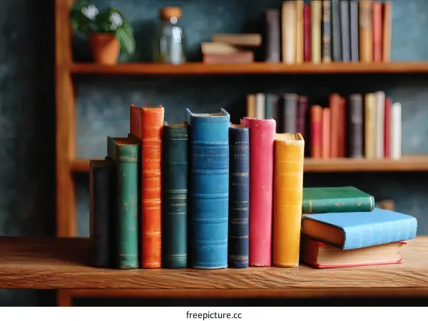 Vintage Books Stacked on Wooden Shelf