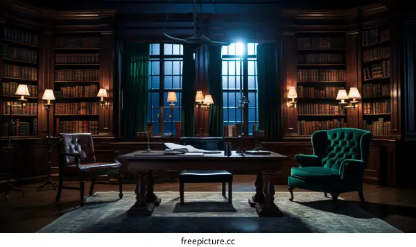 Ornate library with green velvet furniture