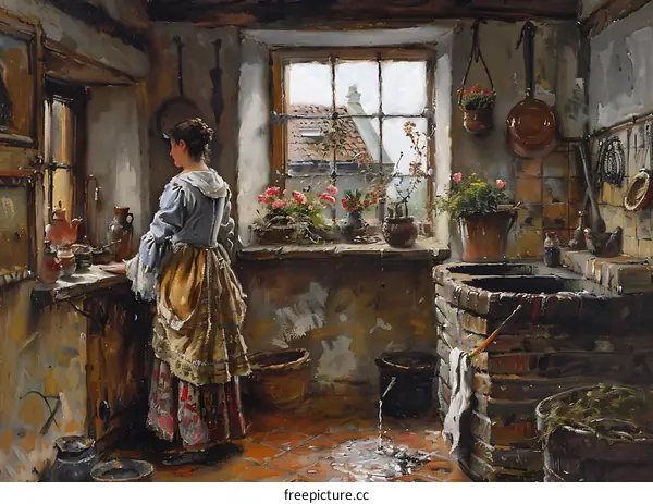 A woman standing in a kitchen and washing dishes