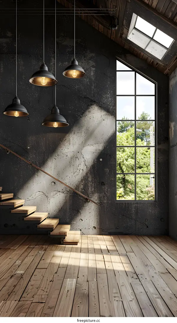 Industrial Loft Interior Design With Wood Floor and Staircase