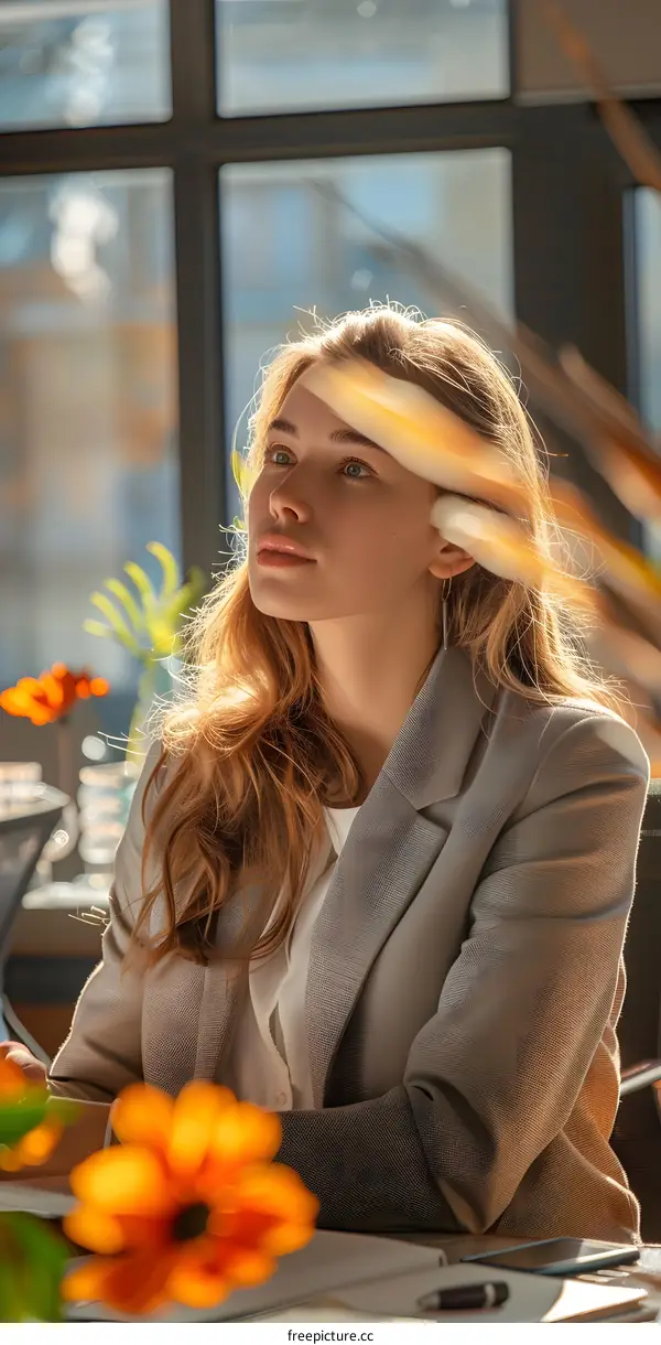 portrait of a young woman in a gray blazer looking out the window