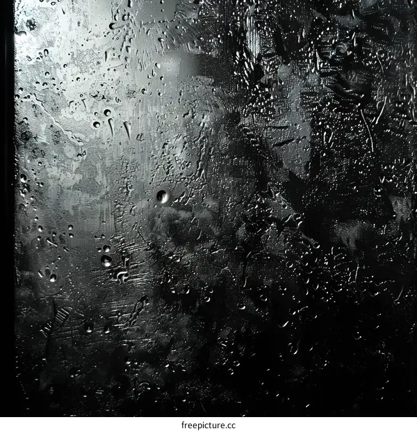 Black and white abstract background with water drops and a shiny light in the middle