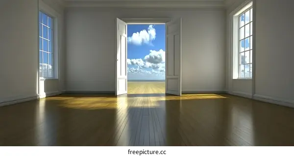 Open Door to Sky and Clouds  Empty Room with White Walls and Wood Floor