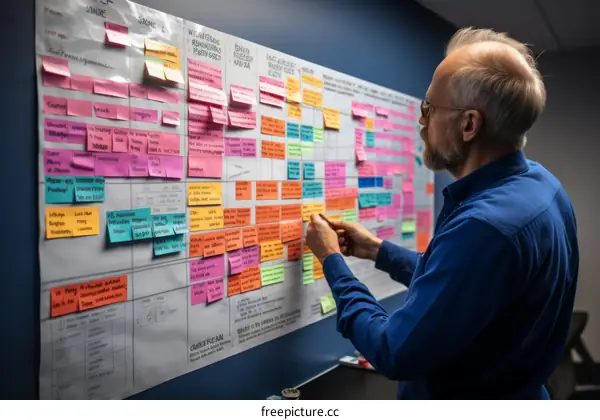 Brainstorming with Sticky Notes on Office Wall