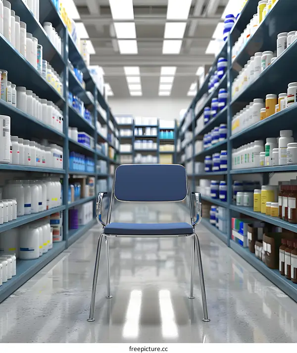 Blue Chair In Front Of Shelves Of Pills
