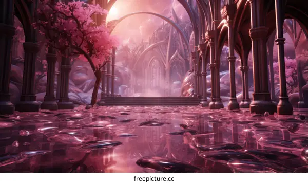 fantasy pink castle with cherry blossom trees