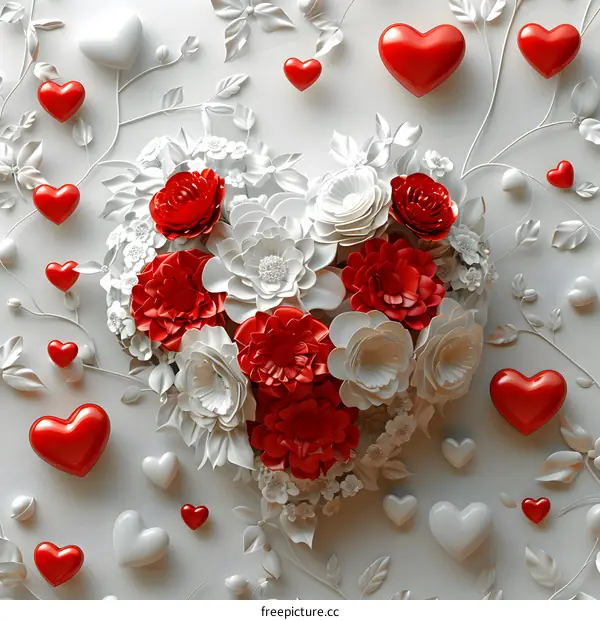 3D rendering of a heart-shaped bouquet of red and white flowers with red and white hearts scattered around it