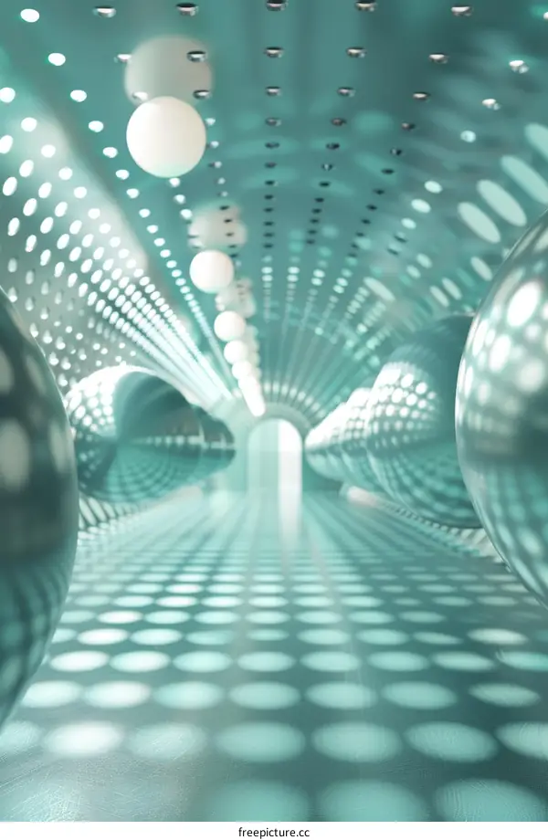 Futuristic tunnel with glowing blue and white lights and reflective silver spheres