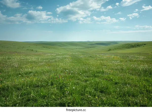 Wildflowers Bloom on Rolling Green Hills Under a Blue Sky