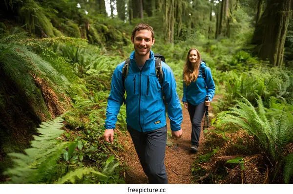 Couple Hiking Through Lush Forest