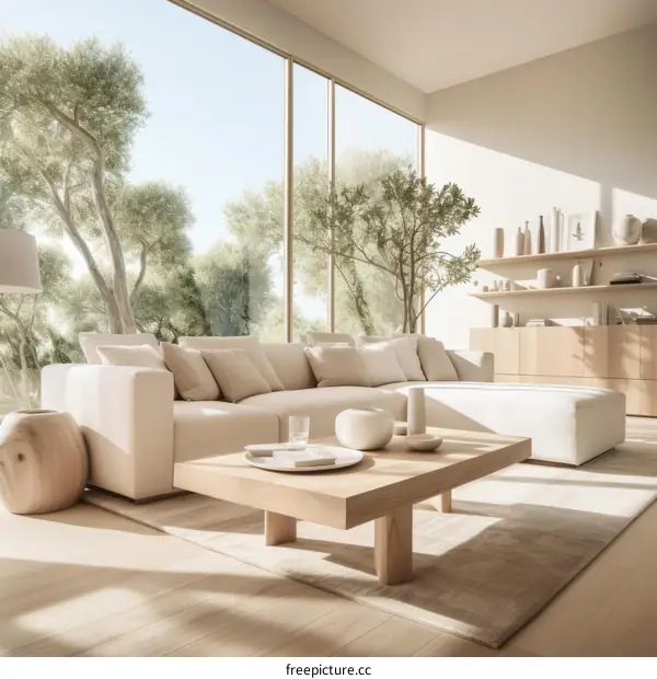 Modern living room interior with large windows and white sofa