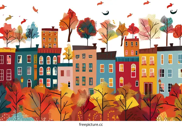 Autumn Cityscape with Colorful Houses and Trees