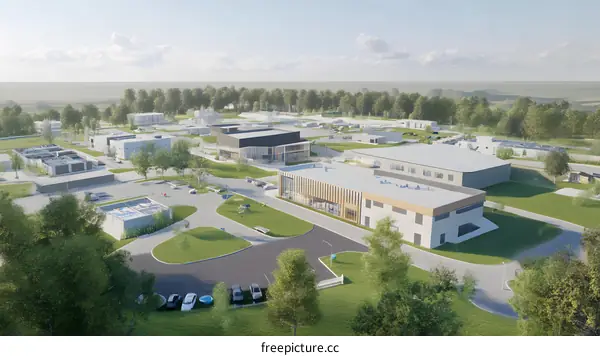 Aerial View of Modern Industrial Complex with Green Surroundings