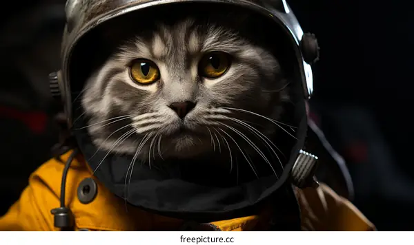 A cat wearing a firefighter's helmet