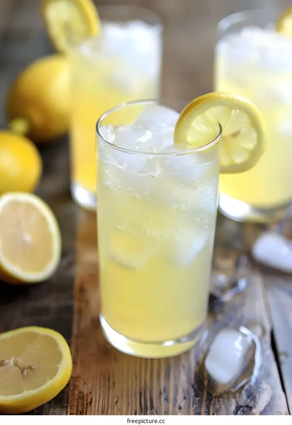 Refreshing Lemon Soda with Ice Cubes and Lemon Slices