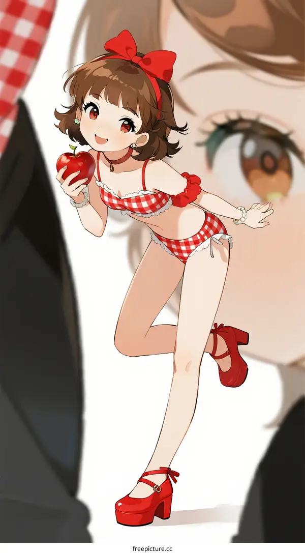 Cute Girl Wearing Red and White Checked Bikini Holding Apple
