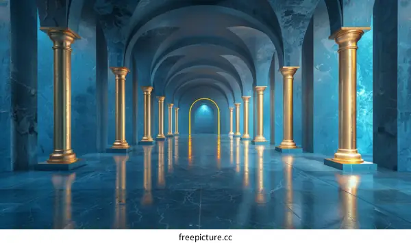 Majestic Blue Marble Hallway with Golden Columns