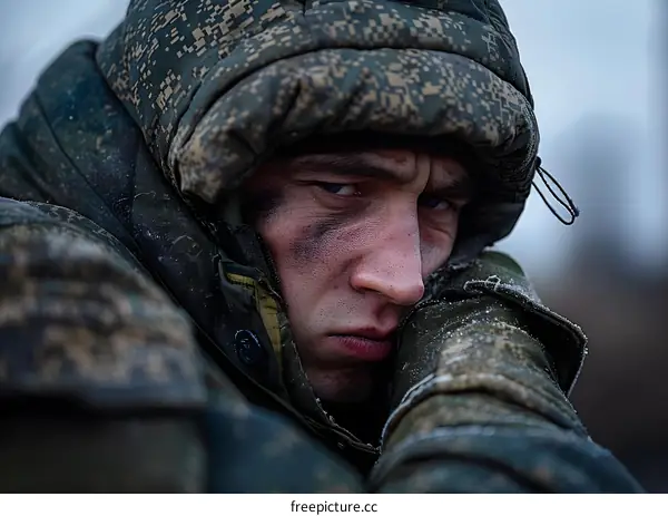 Portrait of a Russian soldier in winter uniform