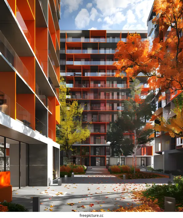 Modern Apartment Building with Autumn Leaves