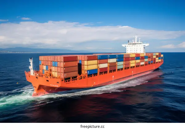 A large container ship is sailing in the ocean