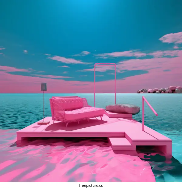 pink couch on a pink floating platform in a pink ocean