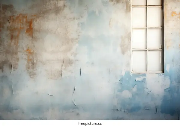 old wall with blue peeling paint and a white window