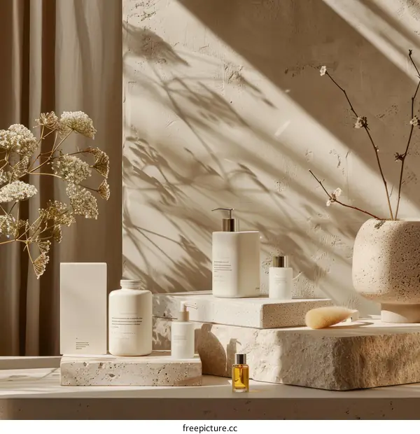 Bath and body products displayed on podiums with dried plants in the background