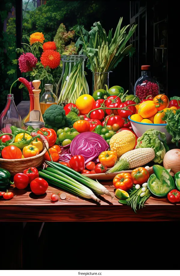 Vibrant Still Life Painting of Vegetables and Fruits