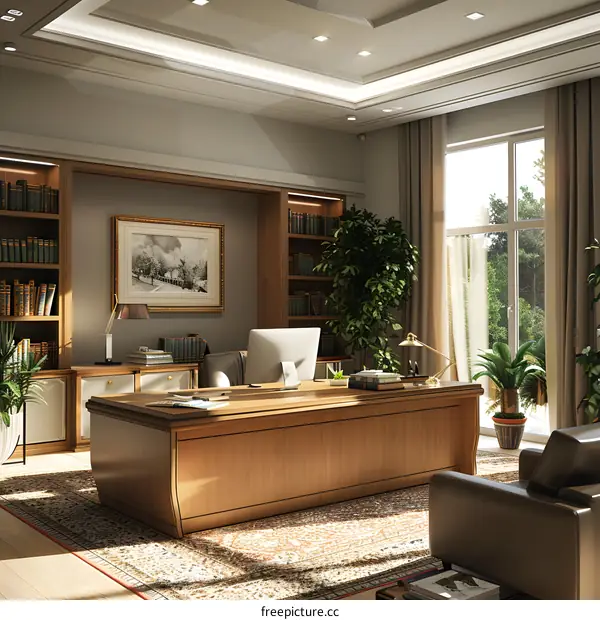 Luxurious home office with large windows and a beautiful view