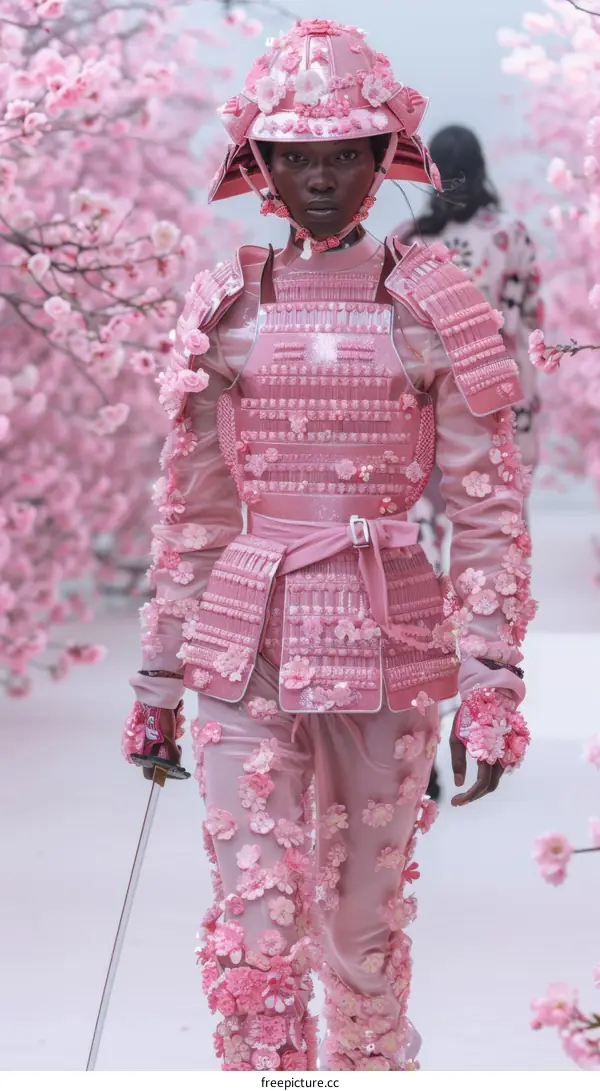 A Model in Pink Samurai Armor with Cherry Blossoms