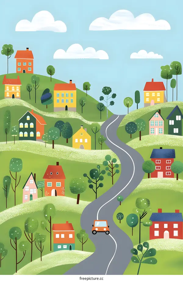 Winding Road Through Colorful Houses Illustration
