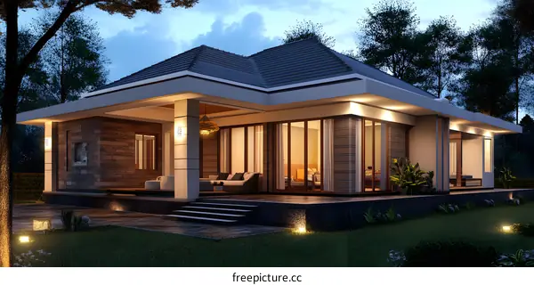 Modern House Design with Stone Walls and Large Windows